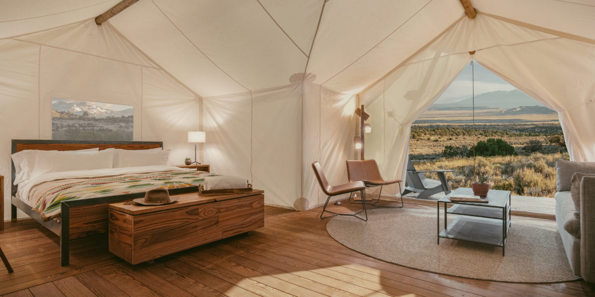 Interiors of the safari tents at the ULUM hotel by Under Canvas in Moab, Utah