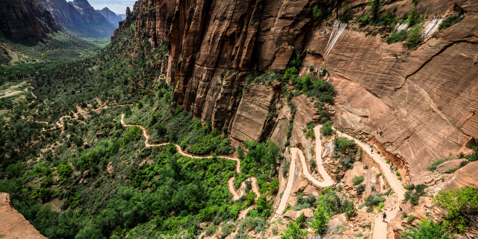 Aerial view with winding route of one of the best hikes in the West Angels Landing at Zion National Park, UT