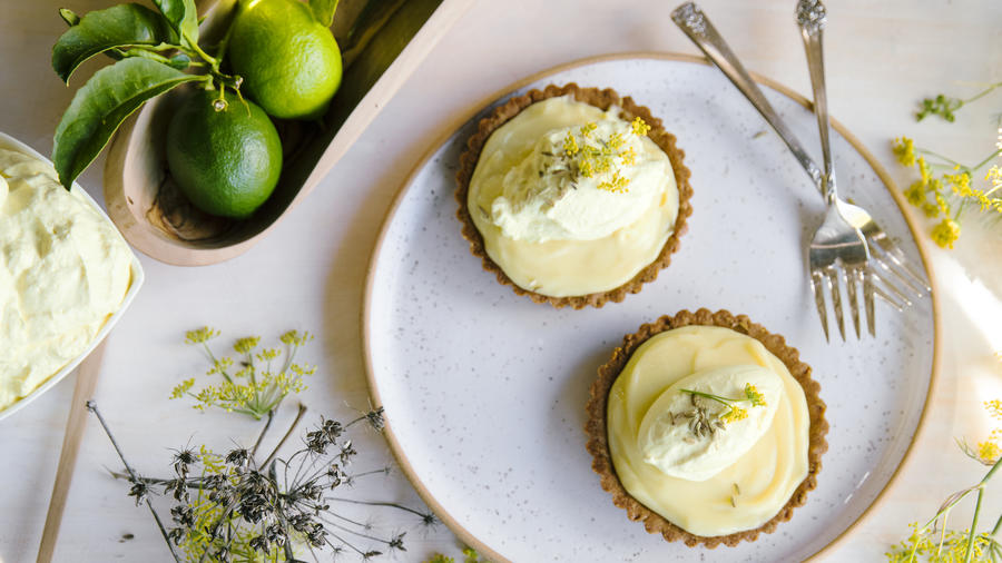 Lime Tartlets with Orange Blossom Cream and Toasted Fennel