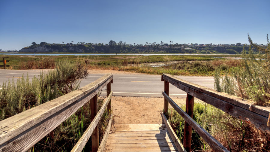 Wooden bridge leading to the water at Back Bay Loop Trail, one of the best hikes in Newport Beach, CA