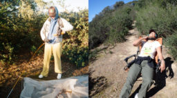 A triptych of images showing assistant editor Magdalena O'Neal lugging a cooler up a dirt trail, fiddling with a tent, and collapsed on a camp chair.