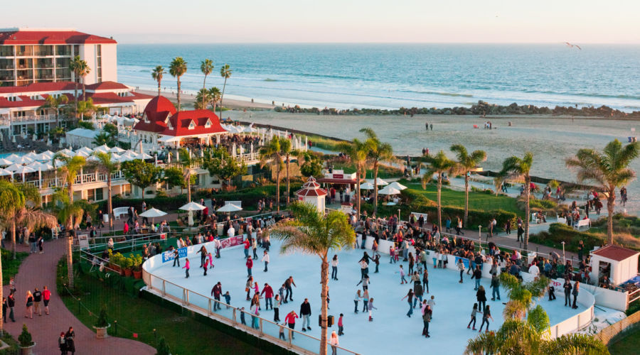 Ice skating rink in front of the ocean, a holiday tradition at the Hotel Coronado