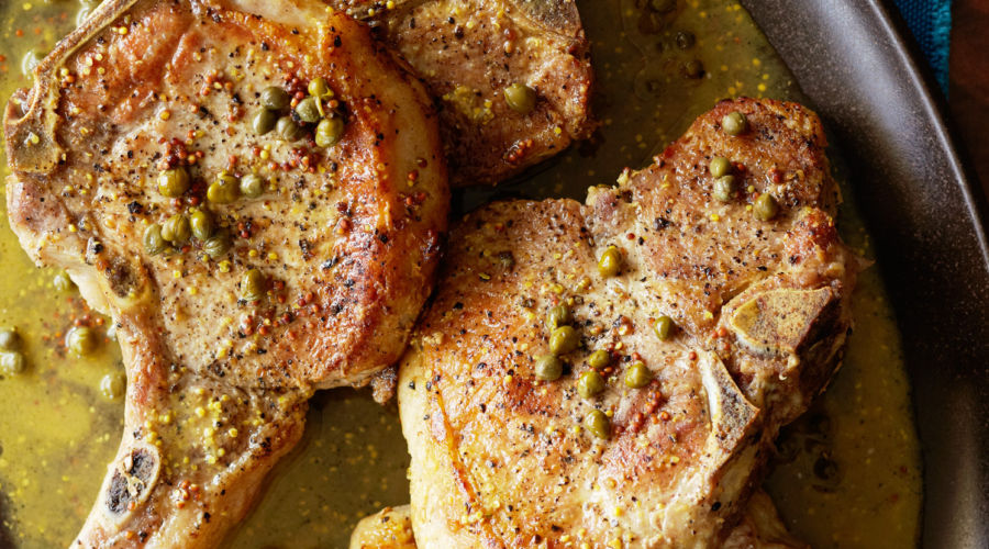 Braised Pork Chops with Mustard, Rosemary, and Capers