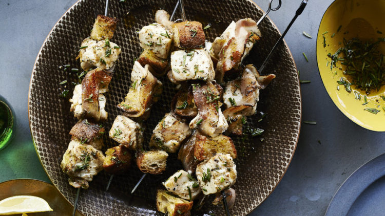 Halibut Kebabs with Grilled Bread and Pancetta