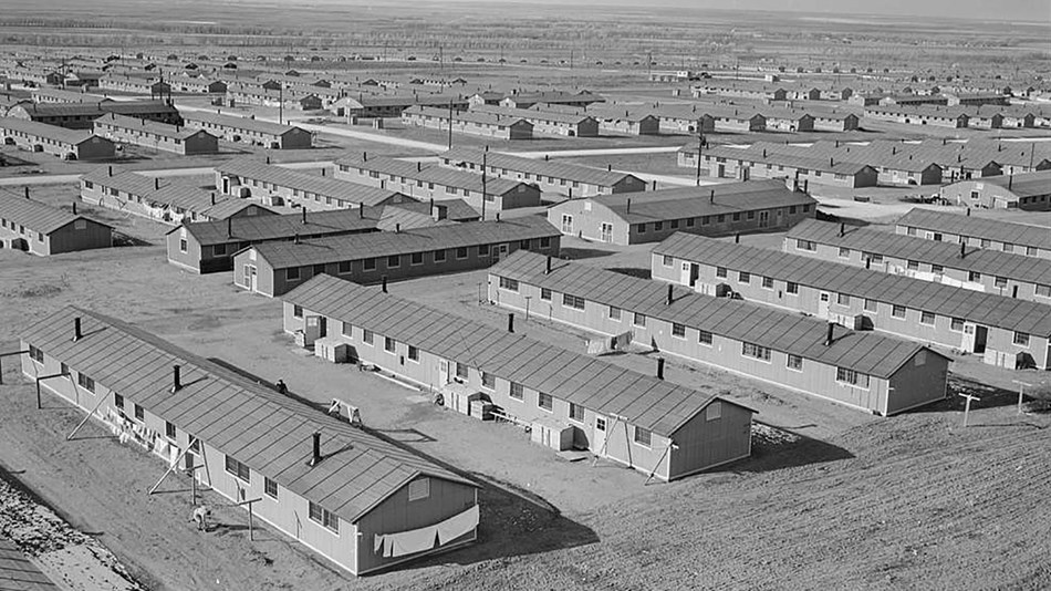 hundreds of internment camp barracks where Japanese Americans were held captive during World War II