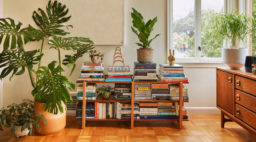 a large monstera plant in a pot on the floor next to a bookcase in a home office.