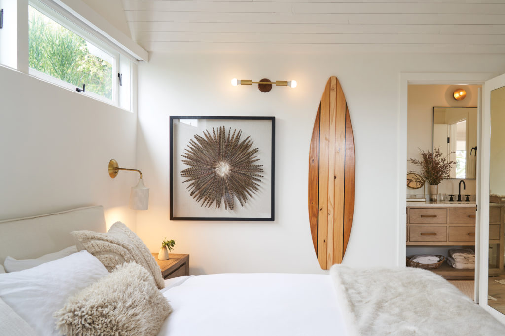 California bedroom with surfboard