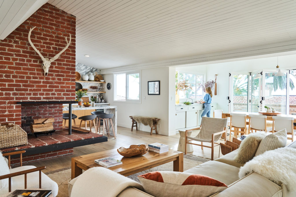 California living room with brick fireplace