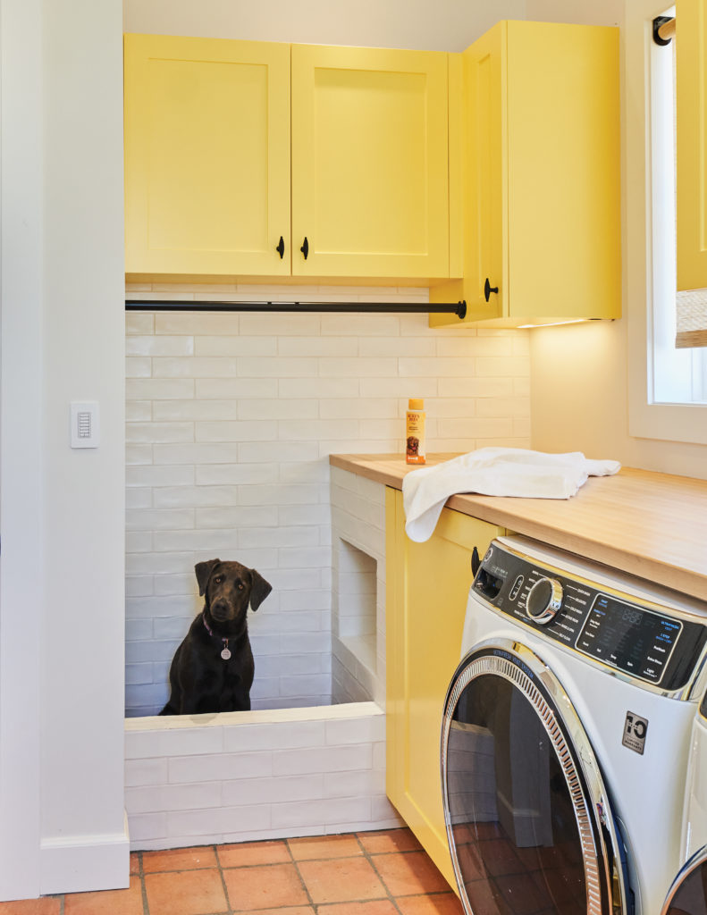 Yellow cabinets in laundry room with dog bath