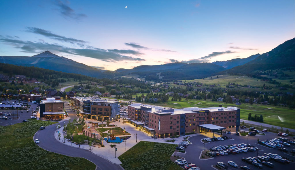 The Wilson Hotel aerial shot in Big Sky, Montana