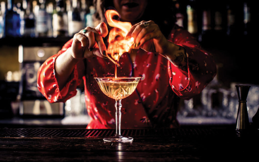 Flaming cocktail at The Alembic bar