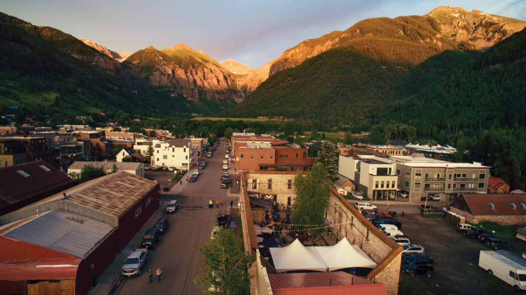 drone view of Telluride showing Telluride Transfer Warehouse