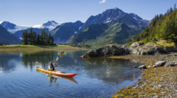 Kayakers near mountain shores