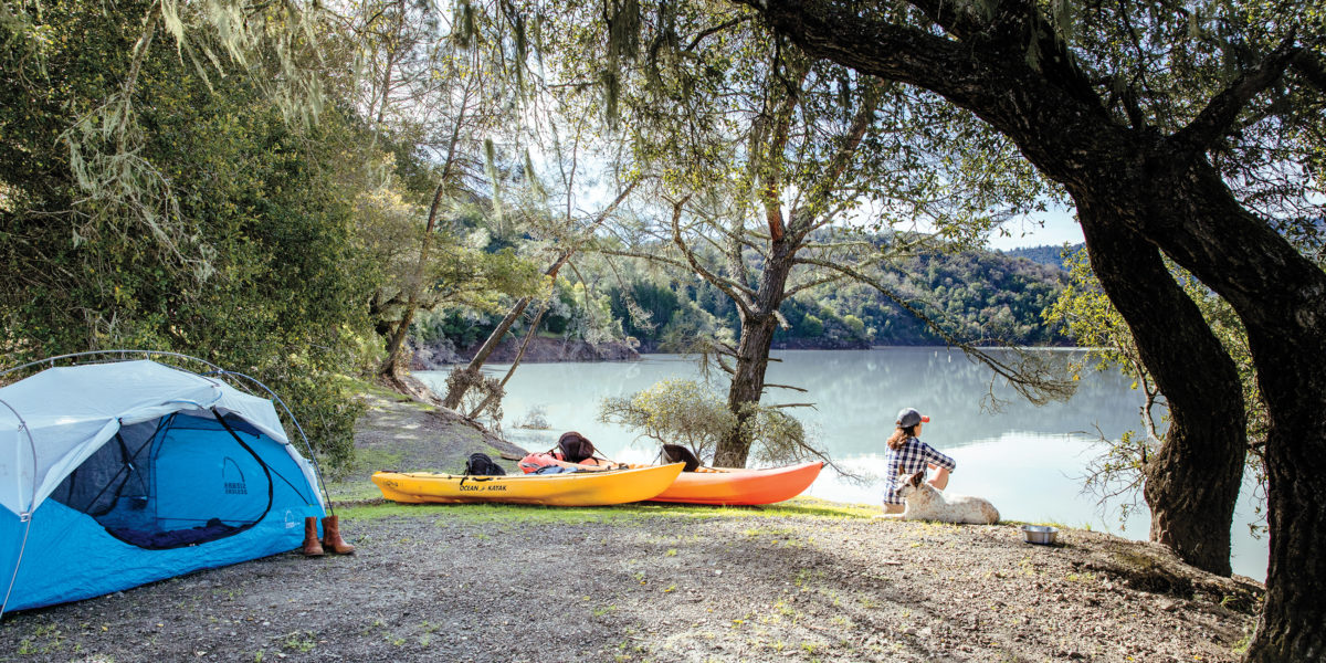 Kayaks and tent at Lake Sonoma, California