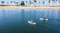 two people in kayaks on smooth water, beach and palm trees in distance