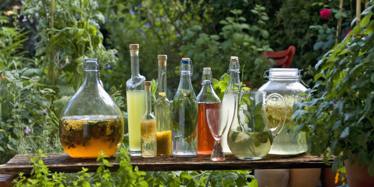 bottles and carafes with vinegar and oil