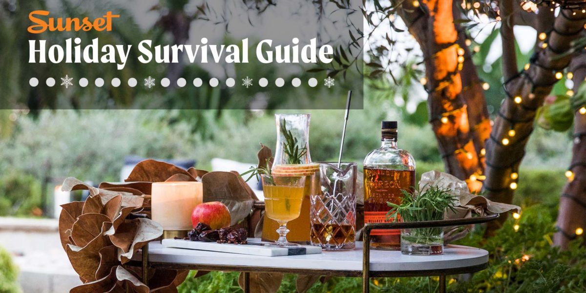 Sunset Holiday Survival Guide logo with holiday bar cart