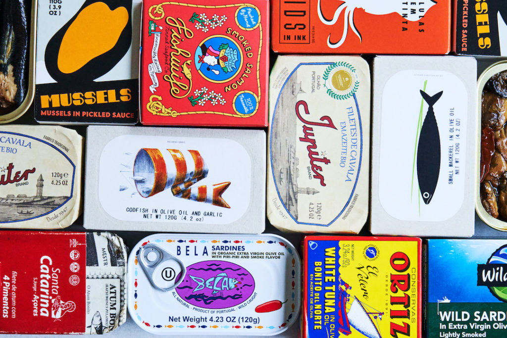 Artistic tinned fish cans come from around the globe and make for great conversation starters