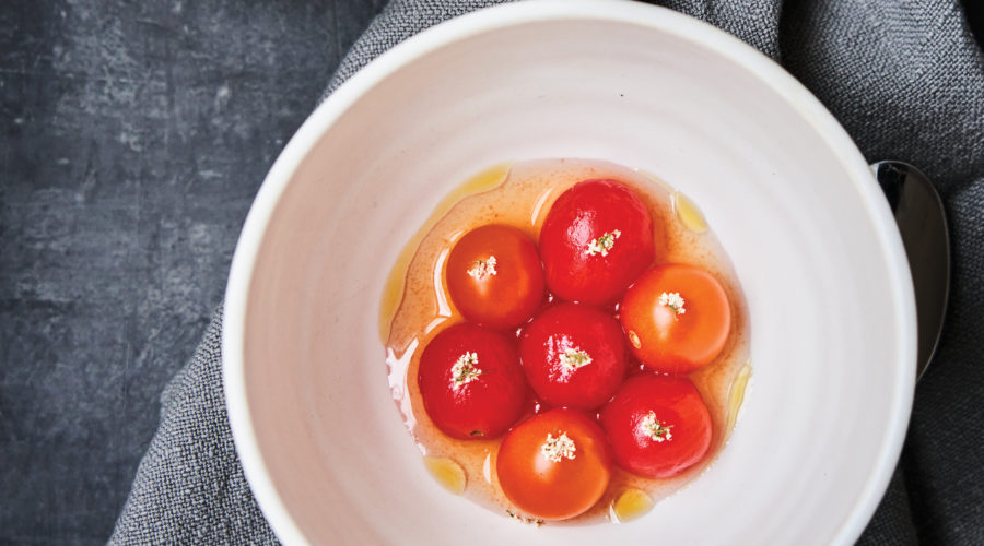 Sungold Tomatoes in Roasted Tomato Vinaigrette recipe from Tomo restaurant in Seattle