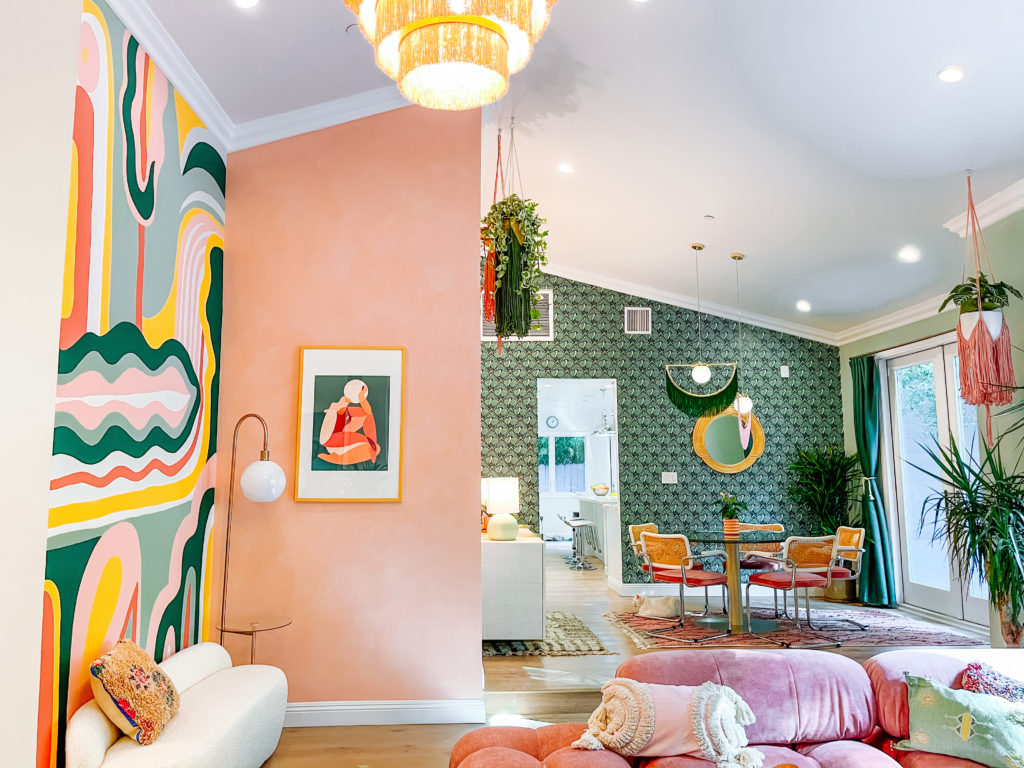 Bright maximilist dining room and foyer by designer Danielle Nagel of Dani Dazey L.A.