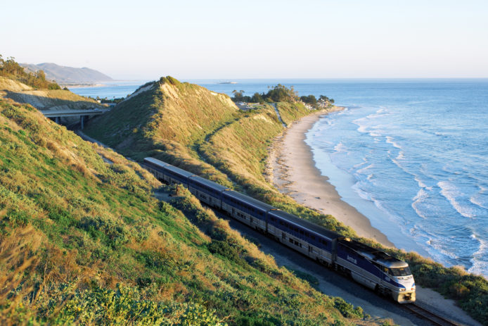 Train along the coast near San Clemente, California