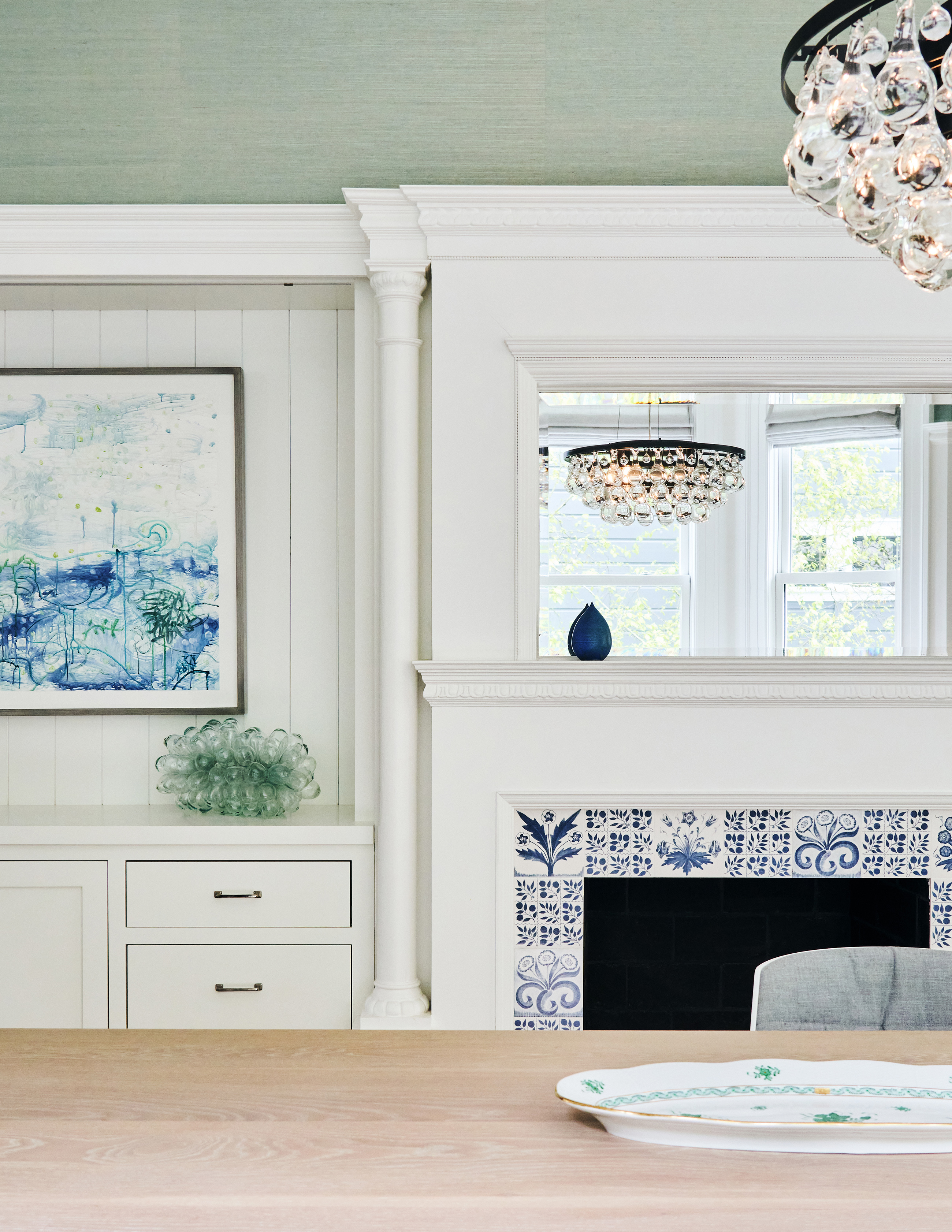 dining room fireplace with blue tile in San Francisco home