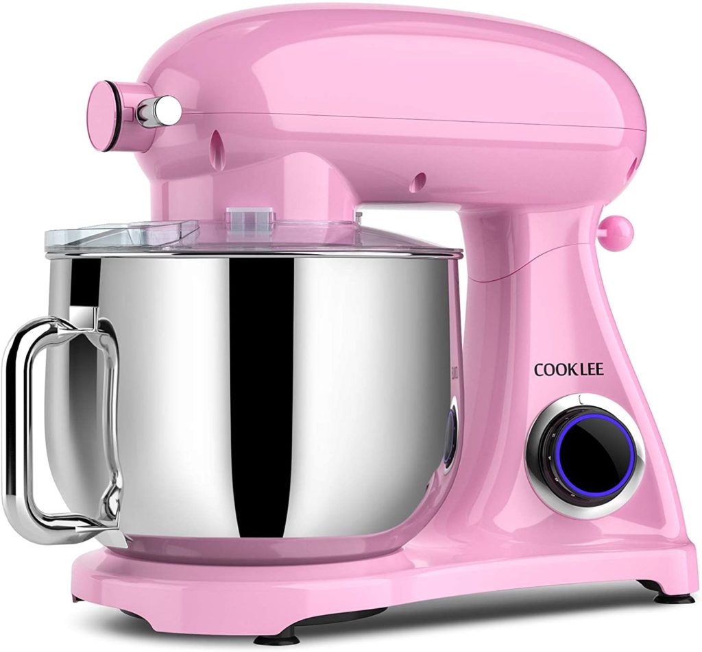 COOKLEE Stand Mixer, 800W 8.5-Qt. Kitchen Mixer 10+1 Speeds with Dishwasher-Safe Dough Hooks, Flat Beaters, Whisk & Pouring Shield in pink.