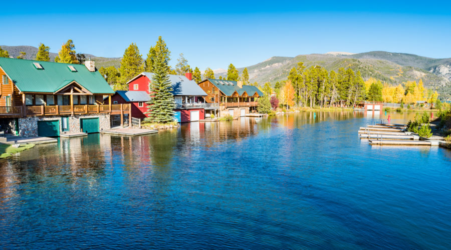 Cottages in the town of Grand Lake in Rocky Mountains National Park Colorado USA on a sunny day.