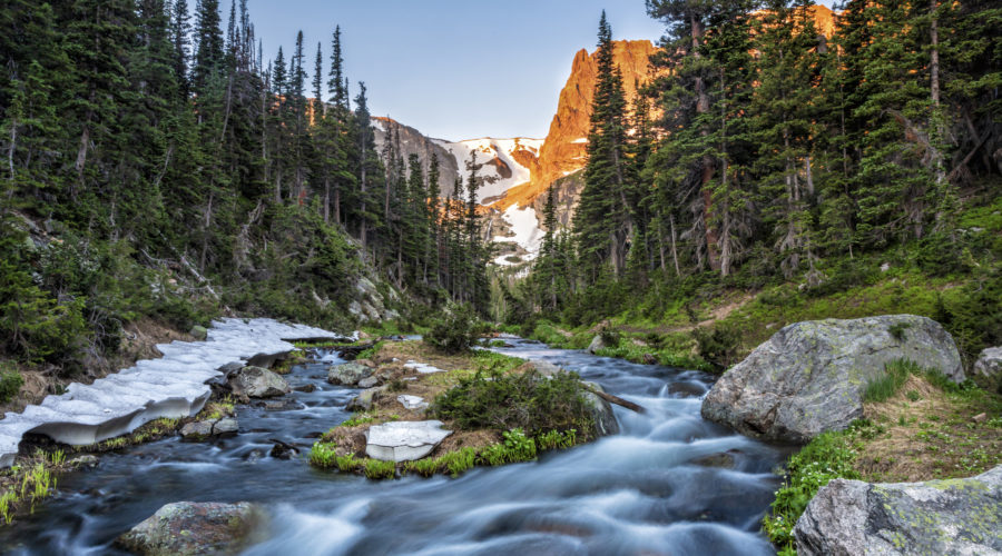 Odessa Lake Outlet and Notchtop Mountain Sunrise in Rocky Mountain National Park