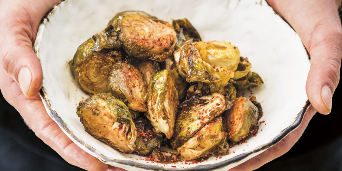 brussels sprouts roasted in maple syrup and white miso paste