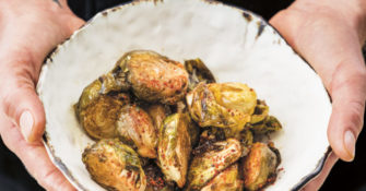 brussels sprouts roasted in maple syrup and white miso paste