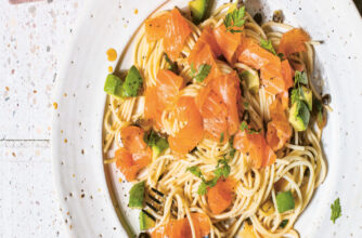 Chilled smoked salmon spaghetti with capers and avocado pairs well with sparkling rosé or Champagne.