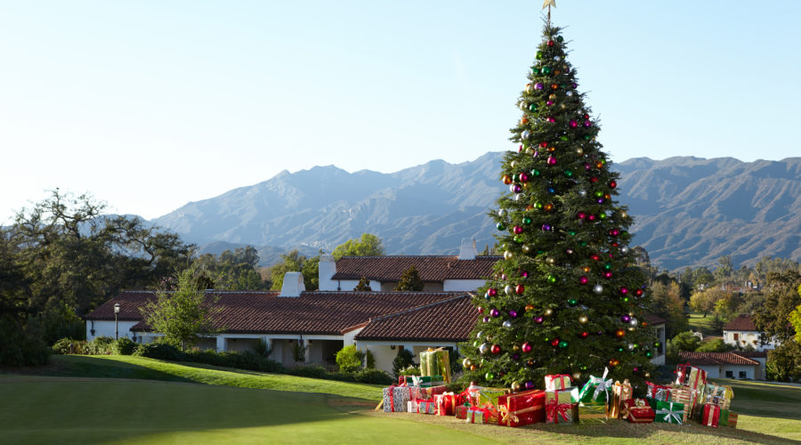 Christmas tree on the lawn of the Ojai Valley Inn & Spa with mountains in the background