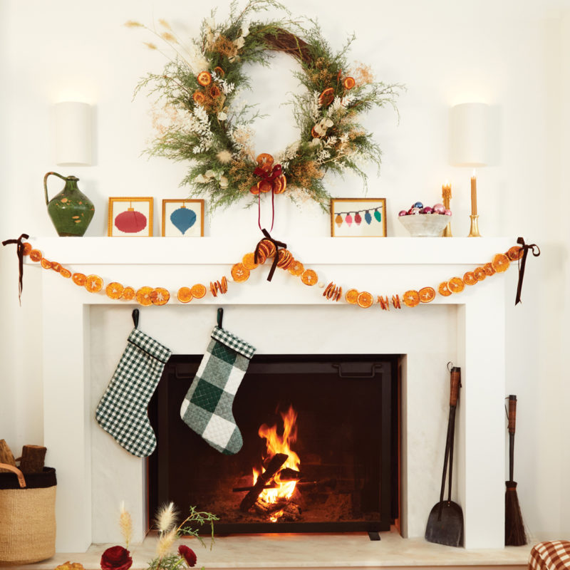 Hearth with Christmas Stockings and Wreath