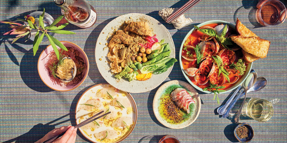 Overhead Shot of Dishes with Wine