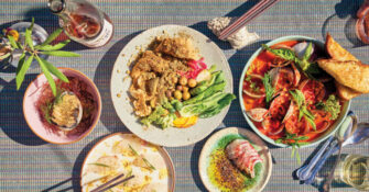 Overhead Shot of Dishes with Wine