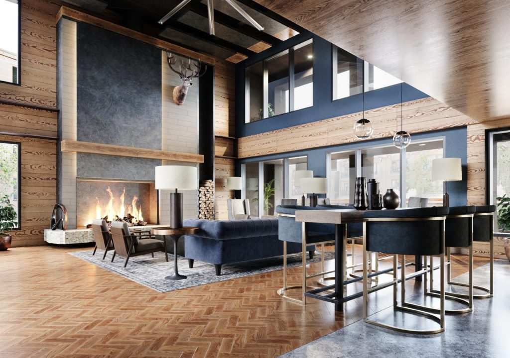 The lobby with high ceiling at Gravity Haus in Breckenridge