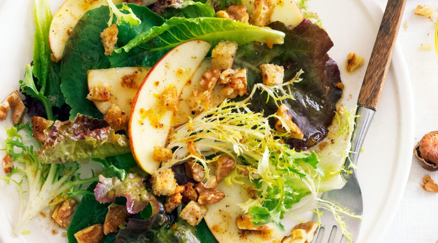 Fall Green Salad with Apples, Nuts, and Pain d’Epice Dressing