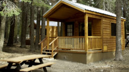 Cozy cabins at Manzanita Lake Camping Cabins in Lassen Volcanic National Park