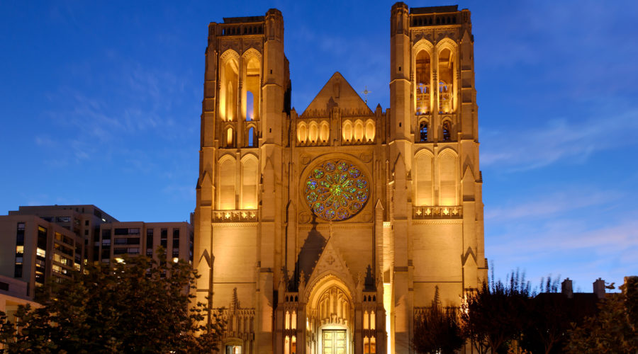 Grace Cathedral at Nob Hill, a neighborhood with vampire and ghost tours in San Francisco shot at dusk