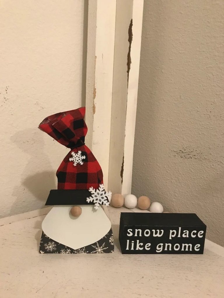 bearded gnome with plaid hat next to worded block