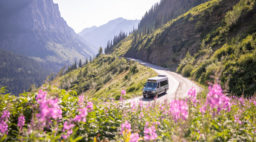 Van riding through the Going to the Sun road in Glacier National Park off Highway 89