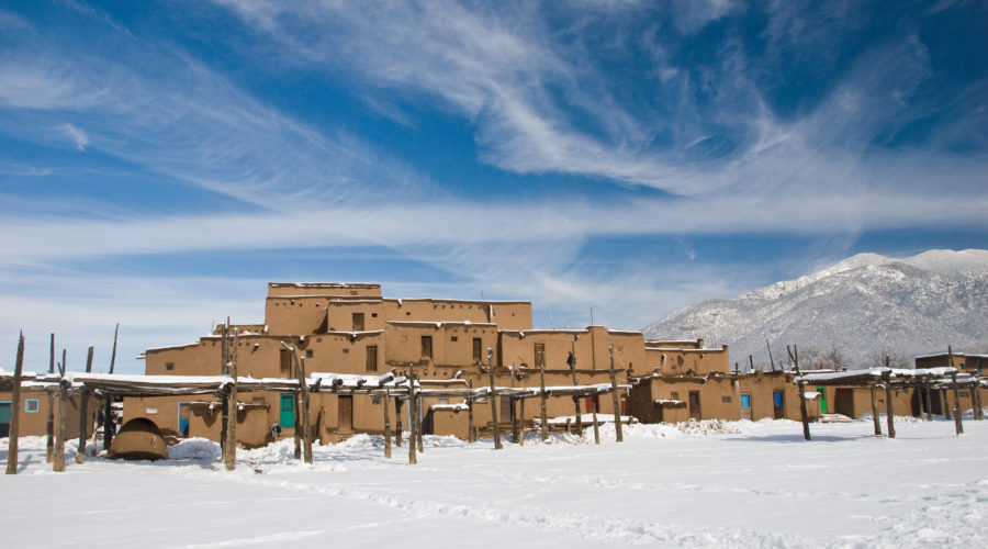 Taos Pueblo covered in snow