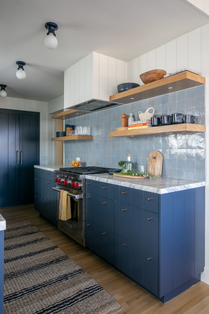 Raili Clasen design blue kitchen open shelves Zellige tile
