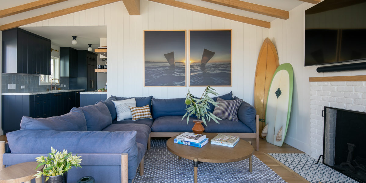 blue living room and kitchen laguna beach