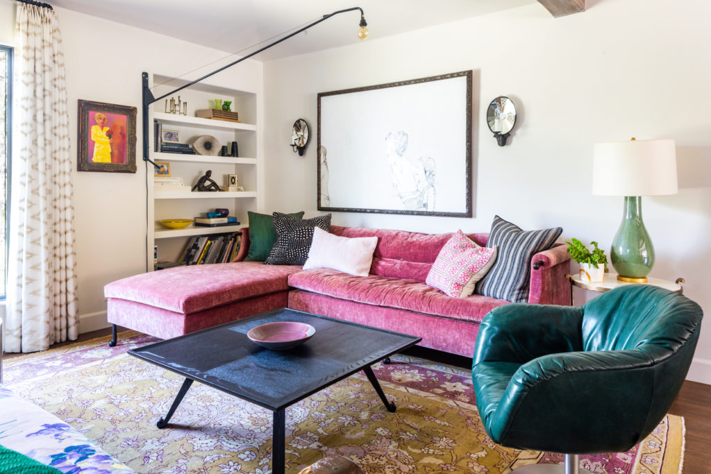 living room Spanish remodel Toni Lewis pink sofa