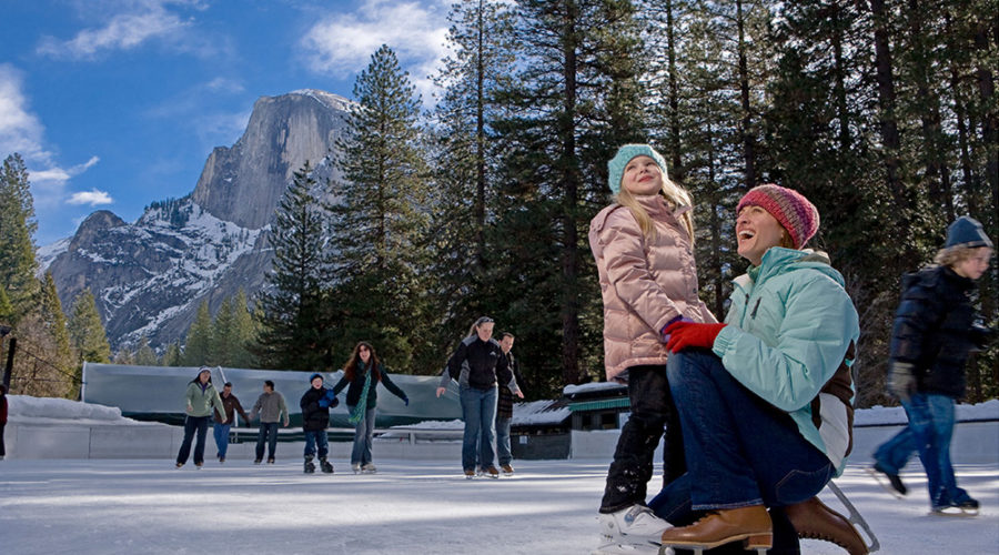Mom and daughter at the Curry Village ice skating rink at Yosemite