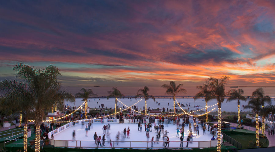 The ice skating rink at the Hotel Del Coronado is photographed at sunset