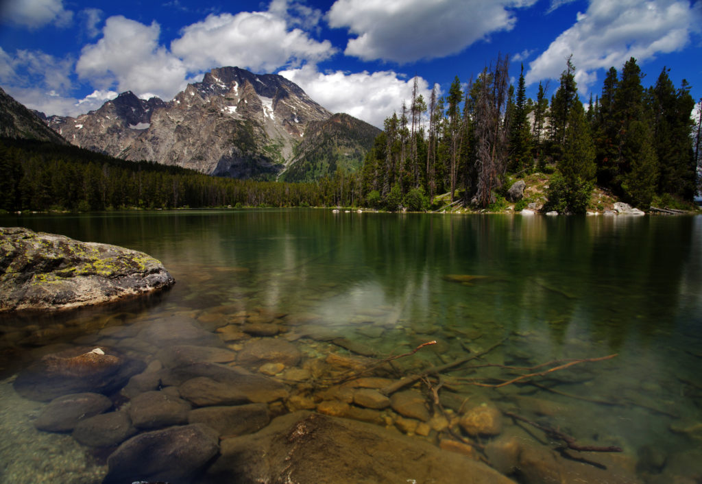 Leigh Lake in Grand Teton National Park, Wyoming with mountains and an emerald lake.