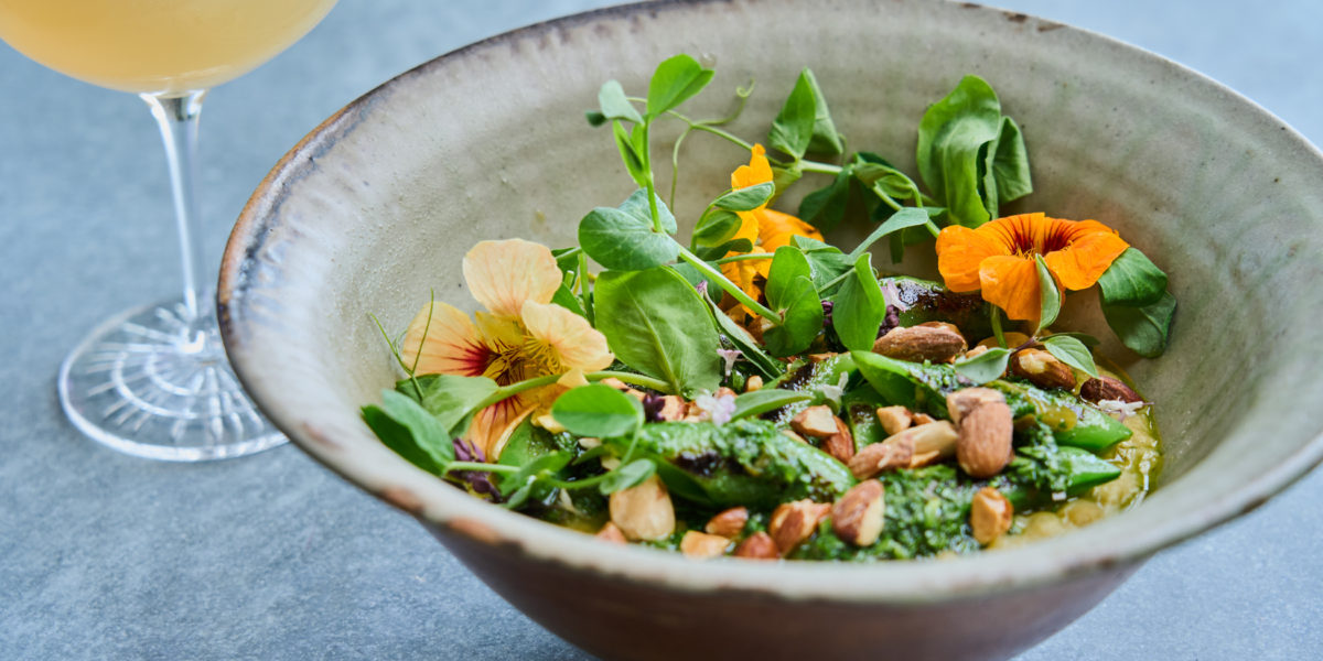 Split Pea Porridge with Almonds, Sugar Snap Peas, and Lemon Basil